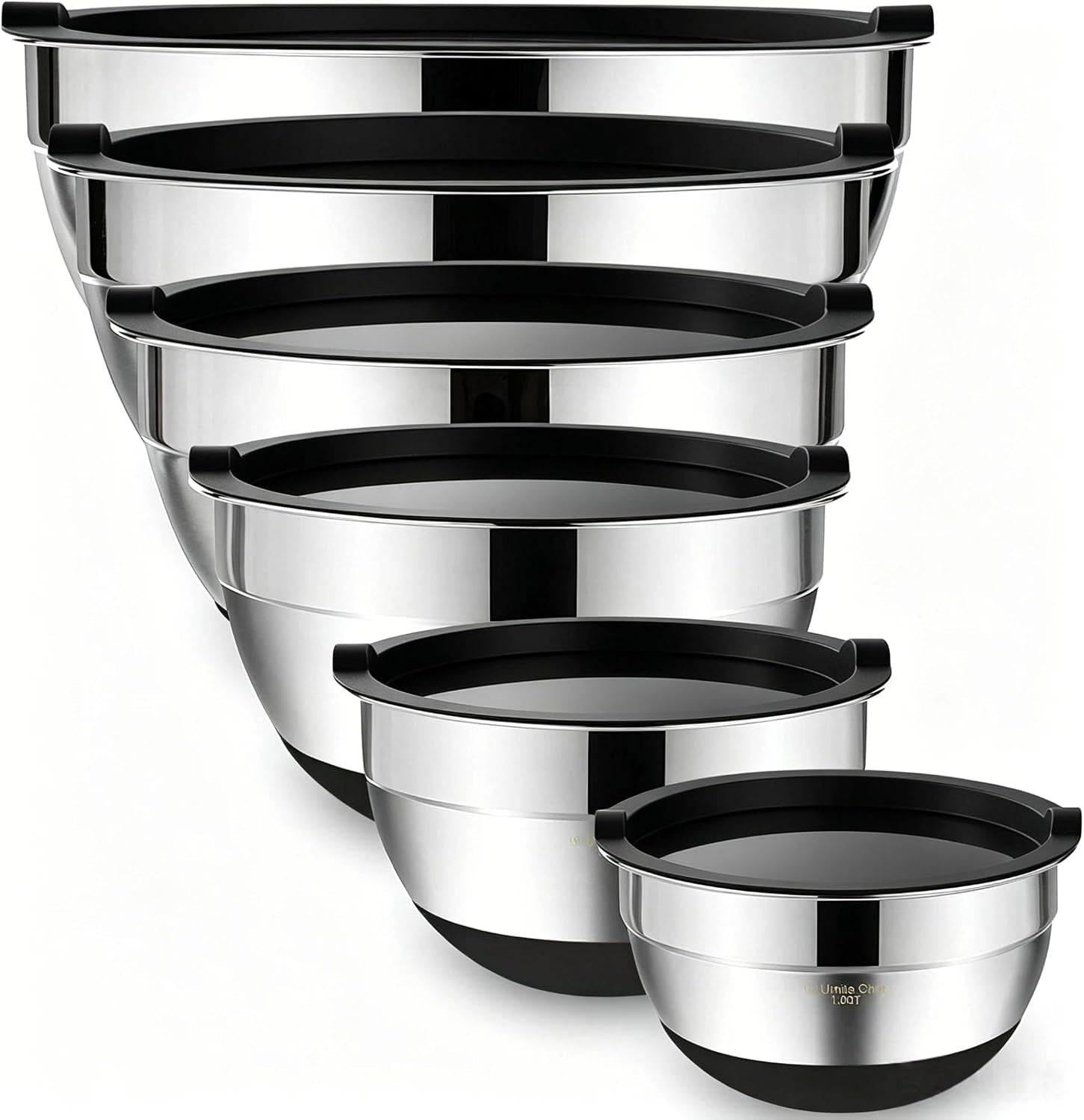 Mixing Bowls with Airtight Lids，6 Piece Stainless Steel Metal Nesting Storage Bowls, Non-Slip Bottoms Size 7, 3.5, 2.5, 2.0,1.5, 1QT, Great for Mixing & Serving(Black)
