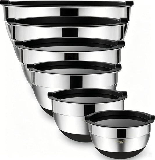 Mixing Bowls with Airtight Lids，6 Piece Stainless Steel Metal Nesting Storage Bowls, Non-Slip Bottoms Size 7, 3.5, 2.5, 2.0,1.5, 1QT, Great for Mixing & Serving(Black)